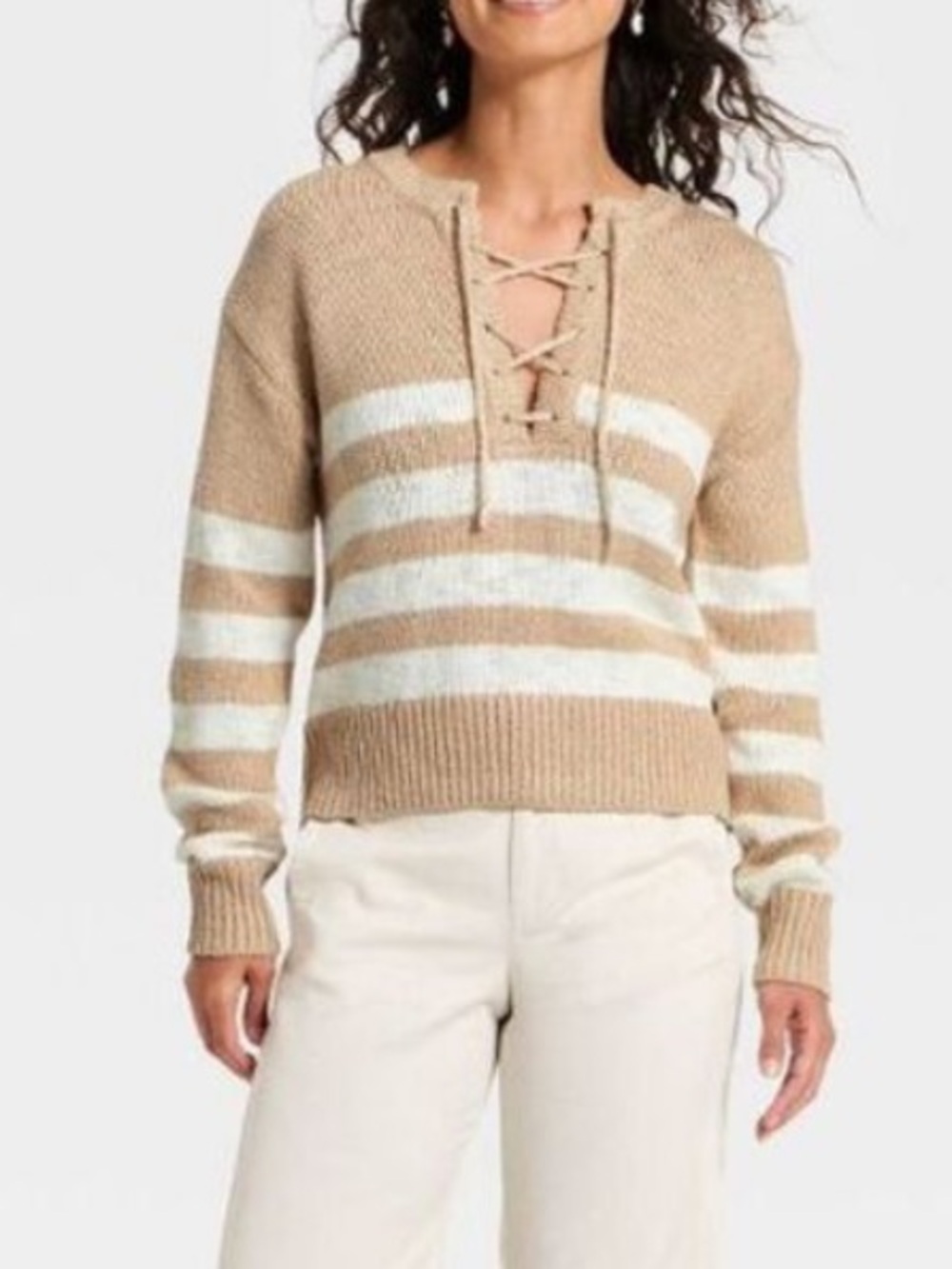 Oatmeal Striped Lace Up Crewneck Pullover Sweater - Universal Thread -NWT